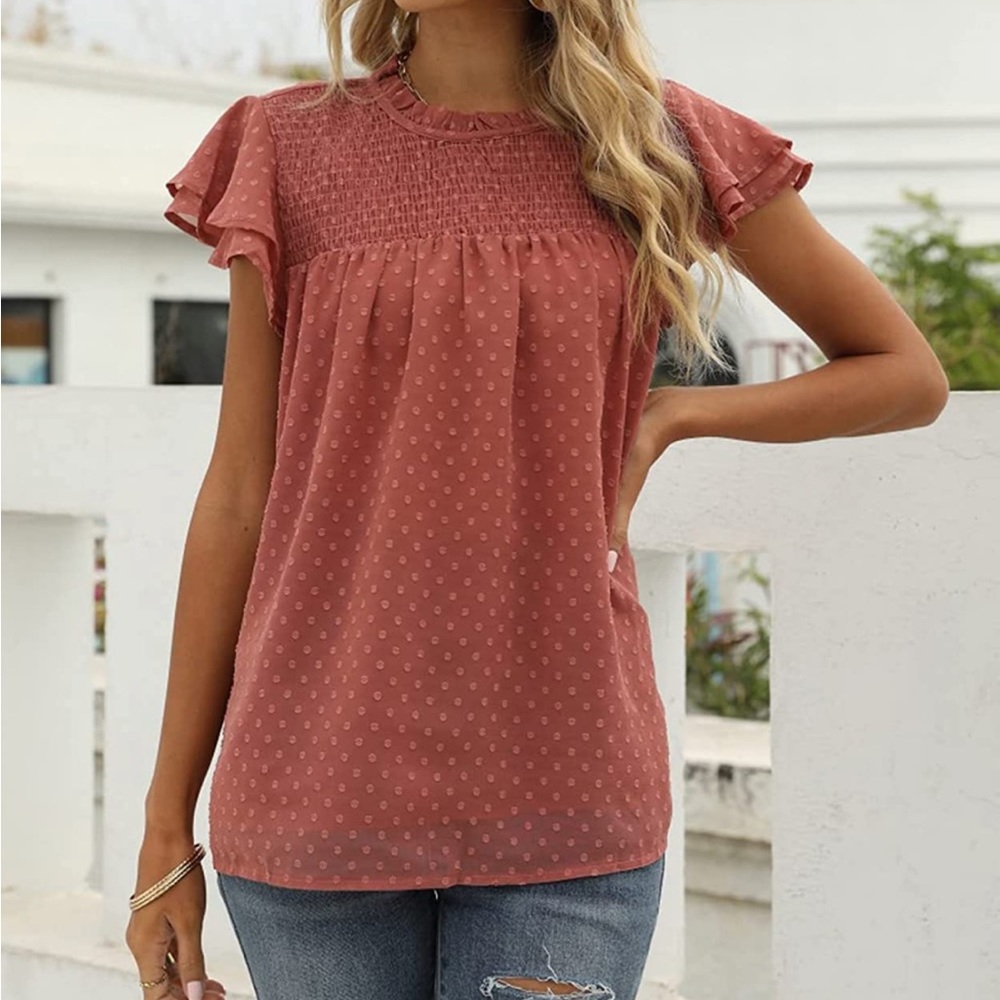🆕 Costaric Casual Blouse, Flowy Short Sleeves, Swiss Dots, Chiffon, XL